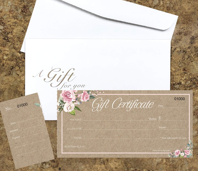 IMPACTONLINEPRINTING Blank Gift Certificates 25set, Rose Kraft Image, gift certificate for business, Comes with Free matching Envelopes, Sequential Number - Small Business, Restaurant, Spa, Beauty Salon - Image 3